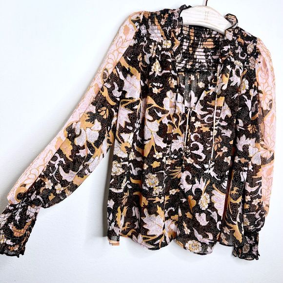 OPT One Pretty Time Smocked Floral Blouse Small Long Sleeve Peasant Metallic Top - Picture 3 of 6